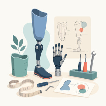 Prosthetic leg and robotic hand representing orthotics engineering