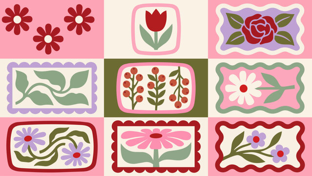 Retro floral pattern with cute botanical illustrations in a grid layout featuring stylized flowers and leaves in a vibrant pink with foliage vintage aesthetic