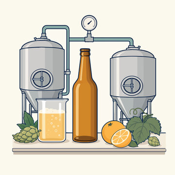 Crafting beer with brewing tanks and ingredients