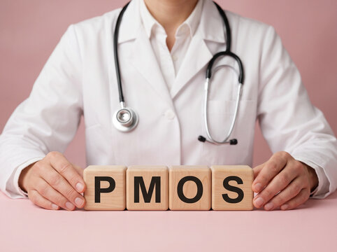Professional doctor presenting PMOS wooden alphabet blocks on pastel pink medical desk with selective focus for polyendocrine metabolic ovarian syndrome healthcare awareness concept