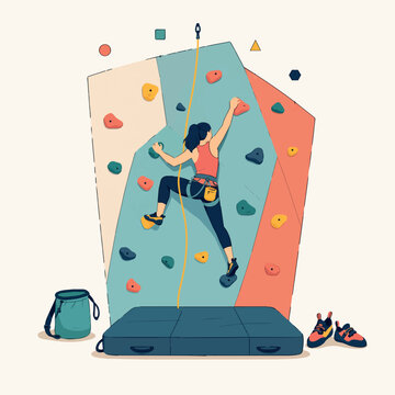 Woman indoor rock climbing at a gym wall