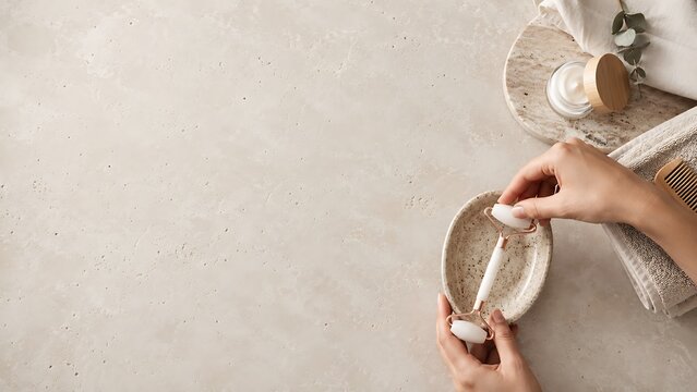 Top view of a womans hands holding a white jade facial roller over a stone dish on a beige textured background with skincare products and a towel