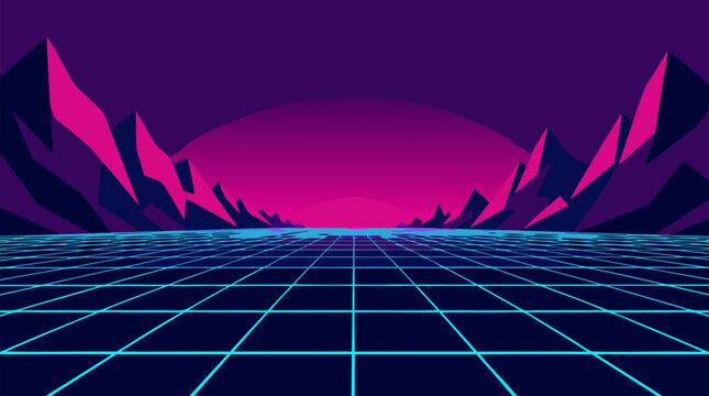 Retro futuristic neon cyber grid landscape with glowing magenta horizon, electric blue perspective lines, low poly mountain silhouettes, synthwave vaporwave aesthetic vector background for digital