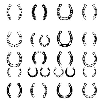 Collection of 24 distinct horseshoes arranged in a 6x4 grid, each with unique designs and patterns, set against a plain white background. The horseshoes are depicted in a black and white vector ill...