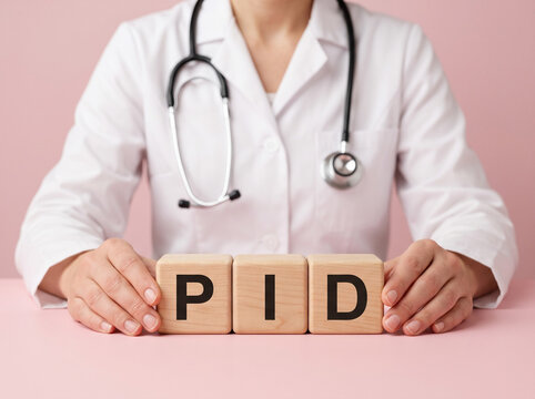 Professional doctor presenting PID wooden alphabet blocks on pastel pink medical desk with selective focus for pelvic inflammatory disease healthcare awareness concept