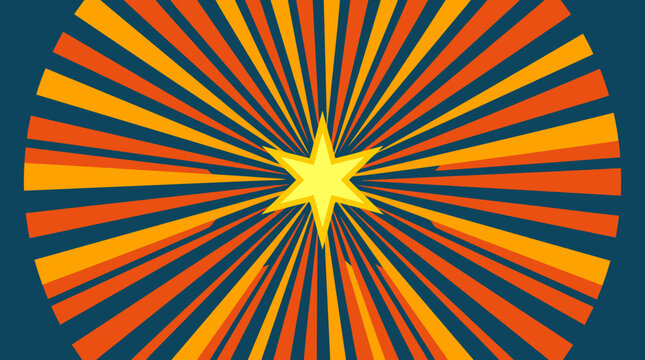 Bold retro sunburst vector background with alternating orange, yellow, and red rays radiating from a glowing central star on teal, dynamic circus, comic, sale, poster, and celebration graphic