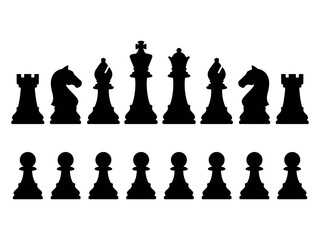 A detailed black vector illustration featuring a full set of classic chess pieces including the king queen bishops knights rooks and a complete row of eight pawns for strategic games. © SaifullahHussain