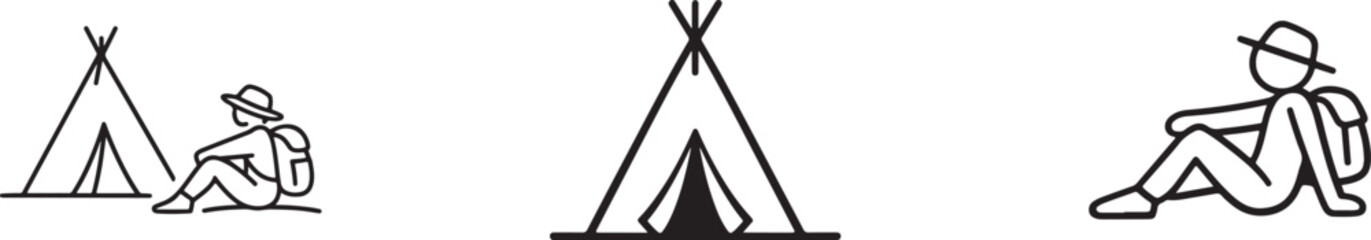 Camping tent tourist icon set with outdoor, campfire, adventure, hiking and nature vector symbols. © Md.Mozammal