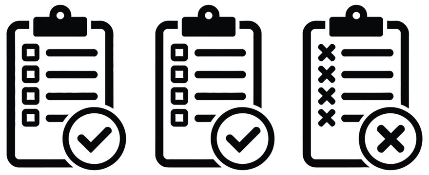 Clipboard checklist icon set for business workflow, progress tracking, completed tasks, project planning and productivity vector illustration