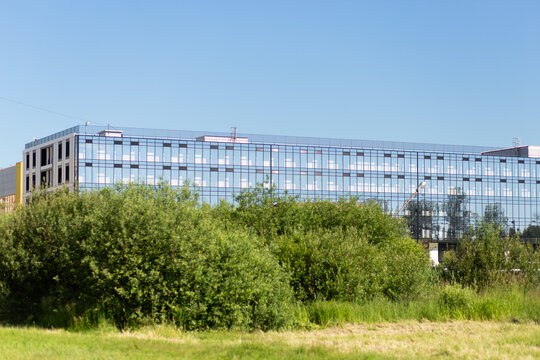 Modern glass building behind a green hedge under blue sky, contemporary architecture, urban development, business exterior, real estate concept.