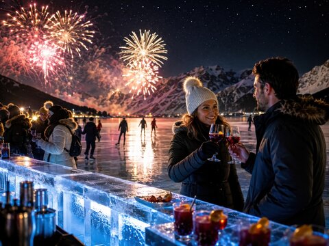 Fr&ouml;hliches Paar st&ouml;&szlig;t an einer Eisbar auf einem gefrorenen Bergsee an, w&auml;hrend hinter ihnen Schlittschuhl&auml;ufer und Feuerwerk f&uuml;r eine stimmungsvolle Schweizer Silvesternacht sorgen.