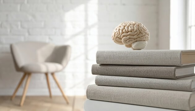 Human brain model on a stack of grey books in a bright minimalist room with an armchair and white brick wall, featuring ample copy space for educational or medical concepts