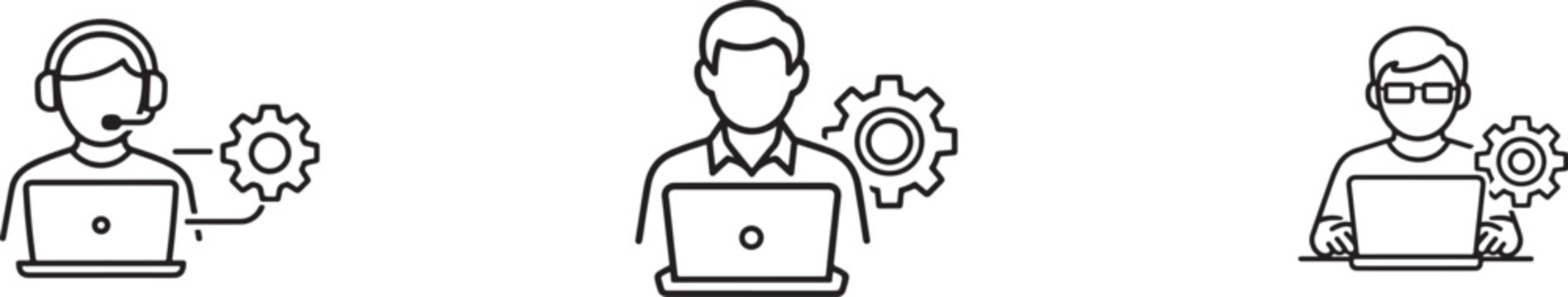 IT support and systems administrator icon set with technical, developer, engineering management symbols.