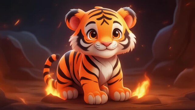 Adorable baby tiger cub sitting with a fiery aura during a cinematic close-up