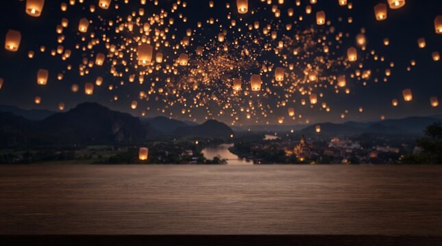 Empty Wooden Table Display with Floating Paper Lanterns in Night Sky Background