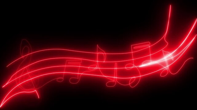 Music symbol neon color reveal and glowing loop effect animation. Colorful neon music notes on dark background with flowing light effects, 