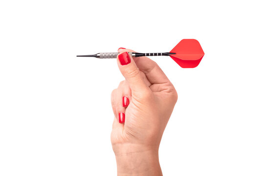 Close-up of a female hand with red nails holding a red dart, isolated on transparent background. Focus on precision, sport, and success concepts.