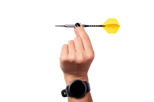 Close-up of a hand holding a yellow dart, isolated on transparent background, perfect for concepts of focus, aim and strategy.