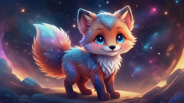 Adorable cartoon fox with fluffy tail stands against a cosmic background with gentle nebula and stars