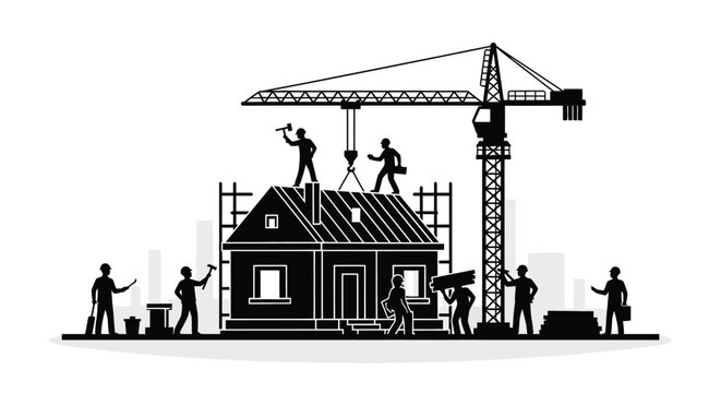 Construction site with workers and building under development black silhouette house structure architecture cranes roofing exterior development industry labor monochrome