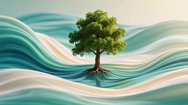 Single tree in flowing waves