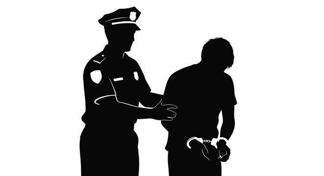 Police officer questioning a suspect in a black silhouette against a white background silhouette arrest interrogation law enforcement justice security