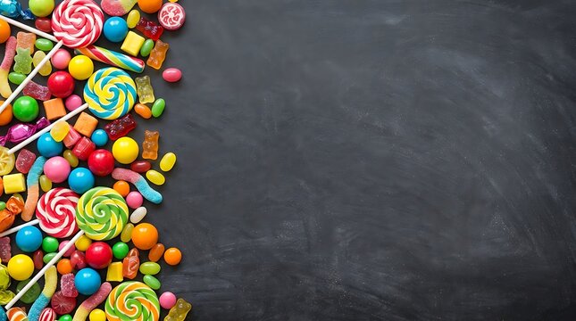 Colorful assortment of sweets on a blackboard background
