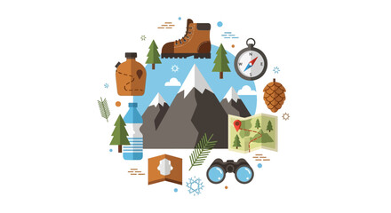 Fototapeta premium Hiking and Outdoor Adventure Gear Collection Vector Illustration with Mountains, Compass, Map, and Camping Equipment