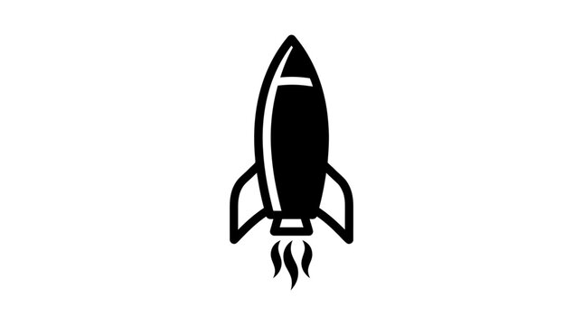 A black illustration of a rocket ship blasting off into space with flames.