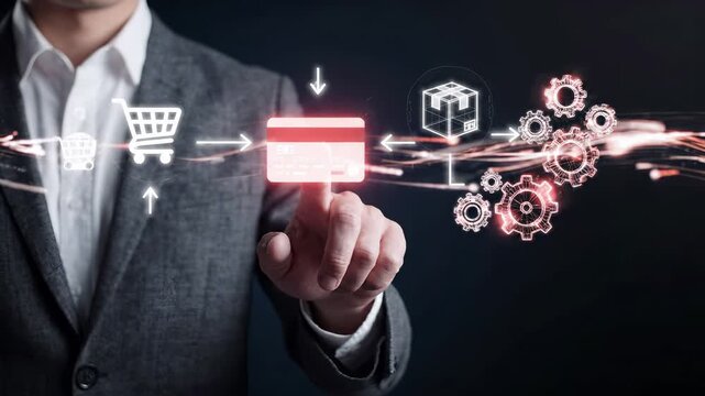Businessman touching a payment card interface for online shopping and ecommerce transactions. Digital retail process with cart, delivery package, and gears represents cashless banking, commerce