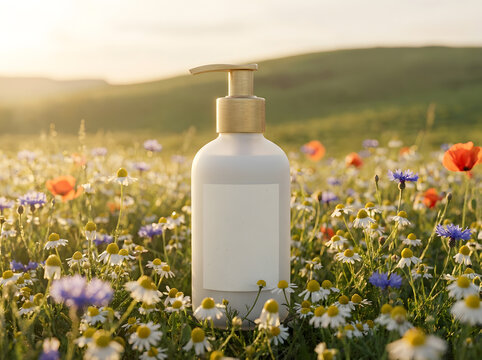 Organic herbal lotion bottle resting in blooming summer meadow across north america hills.