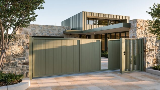 Modern house gate entrance with stone wall and metal fence exterior
