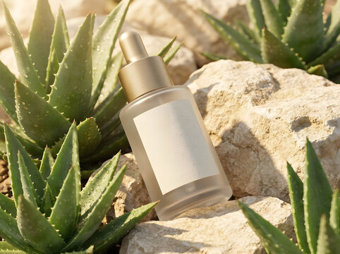 Organic serum bottle placed on rocks with aloe vera plants north america.
