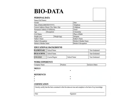  Bio-Data Form Template for Job Application and Personal Information