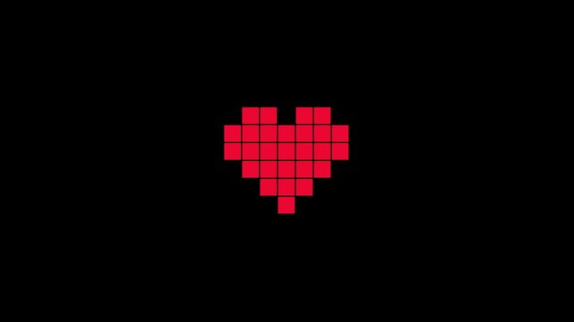 Red pixel heart animation on 4k black background, for romantic digital, and retro gaming, themes