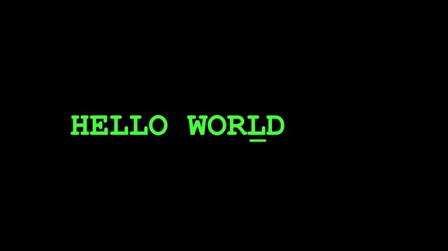 Retro computer terminal text effect: hello typing animation on 4k black background, hello retro