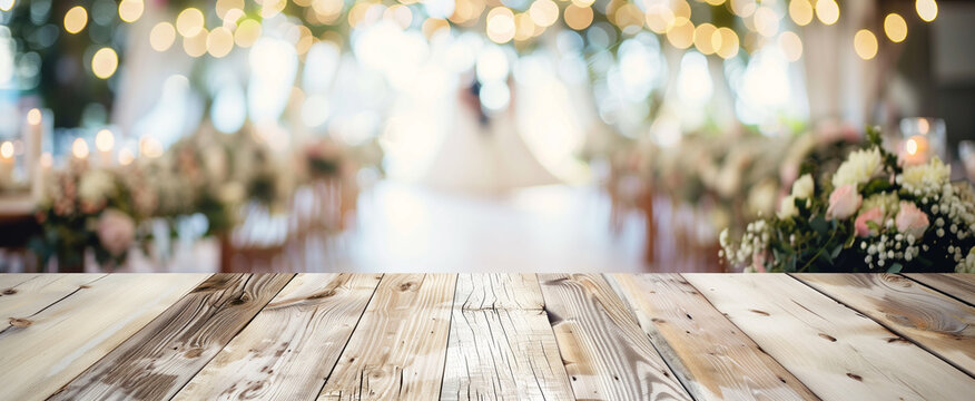 An empty wooden surface template with a beautiful soft focused background of an elegant outdoor wedding dinner or event