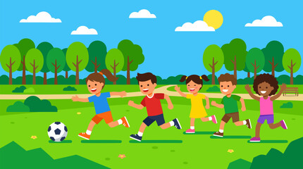 Naklejka premium Happy children racing after a soccer ball across a sunny summer park lawn, diverse friends playing outdoor football together, joyful active childhood vector illustration with trees and flowers