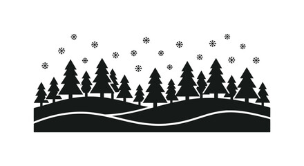 Black Silhouette Of Pine Trees And Rolling Hills With Snowflakes Vector Illustration evergreen coniferous © Emon