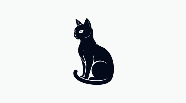 Black cat illustration with green eyes sitting isolated on white background for Halloween