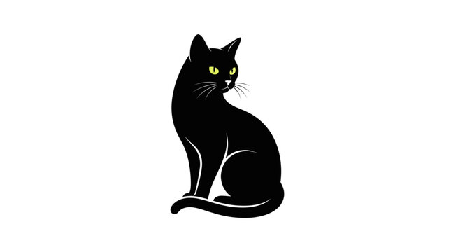 Black cat illustration with green eyes sitting isolated on white background for Halloween