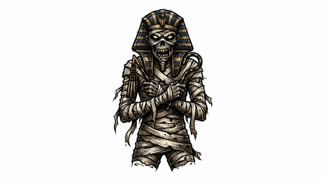 Spooky Egyptian mummy pharaoh vector illustration isolated on white background, scary ancient undead creature sticker design