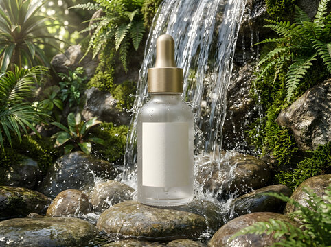Skincare dropper bottle near waterfall surrounded by lush green foliage.