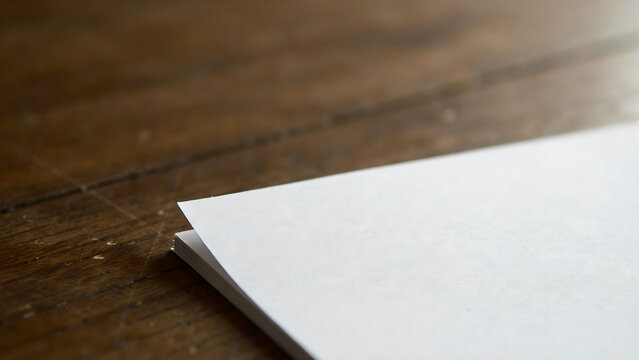 Closeup of a stack of blank white paper sheets on a rustic wooden table