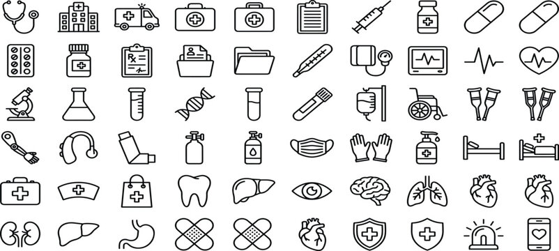 Medical line icons set with healthcare equipment medicine elements and human anatomy organs vector