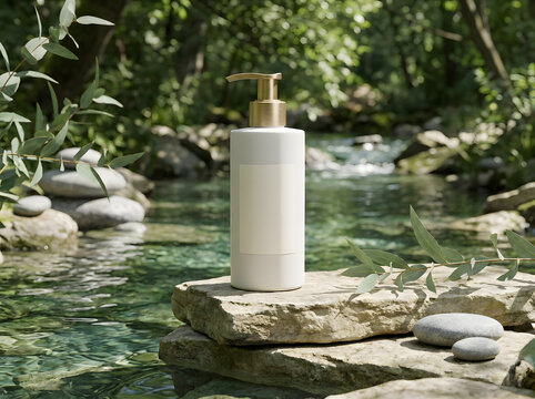 Skincare product bottle mockup in North America, serene nature, cosmetic bottle on rocks.