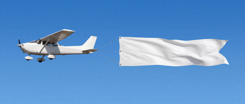 Airplane towing blank white advertising banner through a clear blue sky, providing a photorealistic aerial marketing template with large copy space for custom promotional messages