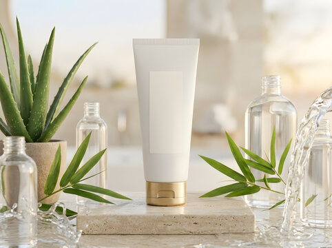 Skincare product on travertine pedestal with glass bottles and splashing water effects.