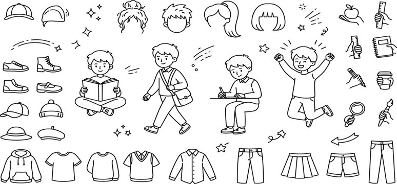 School kids and student uniform icon set with children clothes fashion and education elements