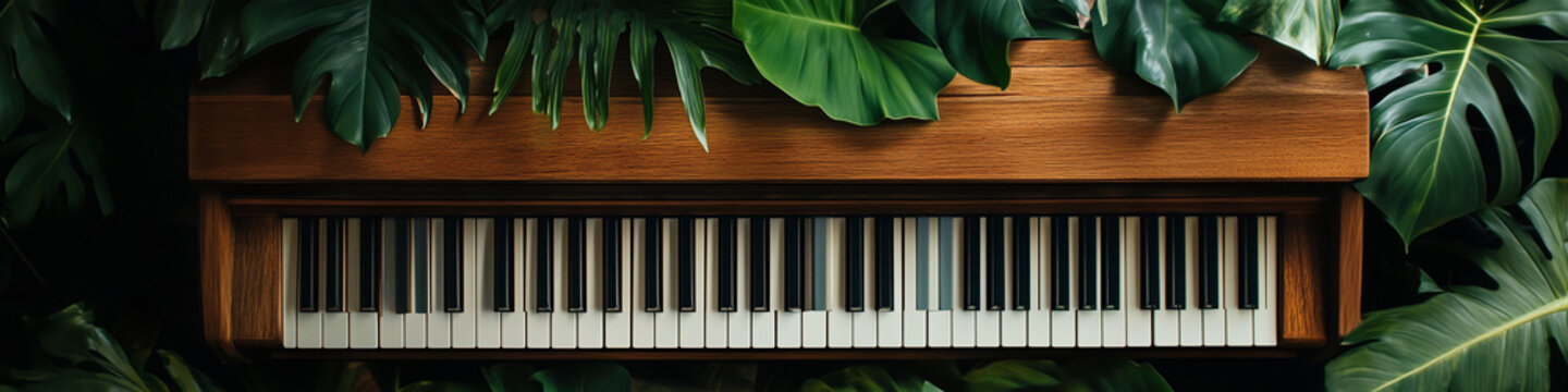 An elegant wooden acoustic piano keyboard is artfully framed by lush green tropical monster leaves creating a harmonious music and nature concept